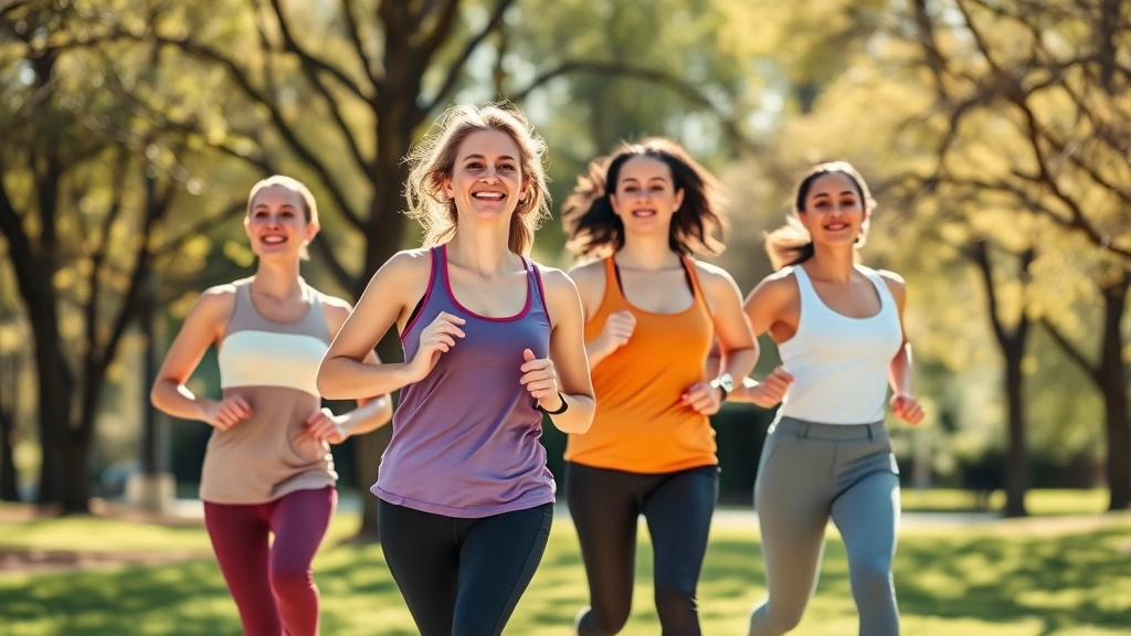 Young diverse women exercising together outdoors in a park, jogging and stretching, healthy and active lifestyle, bright sunlight, positive energy, wellness focus