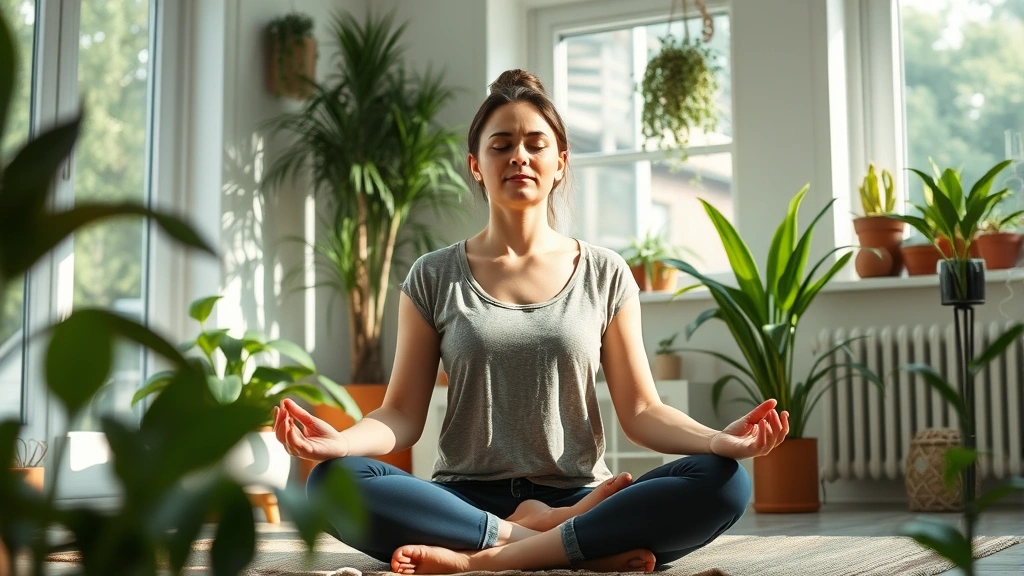 Woman meditating peacefully in a comfortable home setting with plants, natural light streaming through windows, calm and stress-free environment, wellness and mental health emphasis