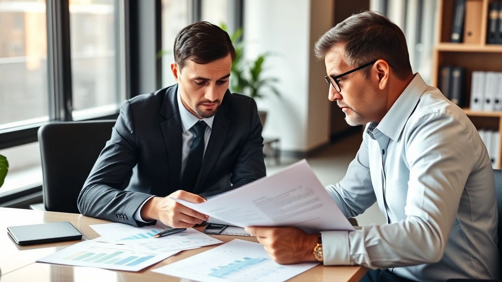 Professional financial advisor reviewing investment portfolio with client in modern office, charts and documents on desk, natural lighting, serious focused expressions, wealth management setting