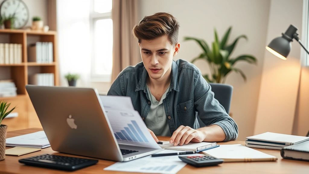 Young professional reviewing budget spreadsheet on laptop at home office desk, calculator and notepad nearby, warm lighting, concentrated determined expression, personal finance planning