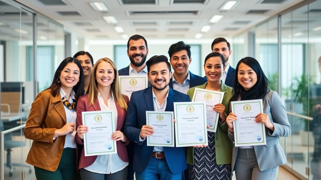 Diverse group of people celebrating financial milestone, holding certificates or documents, smiling faces, modern bright office background, achievement and success theme, professional attire