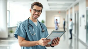 Professional healthcare worker in modern hospital setting confidently reviewing financial documents and investment portfolio on tablet, natural lighting, modern office environment, diverse representation