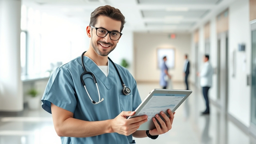 Professional healthcare worker in modern hospital setting confidently reviewing financial documents and investment portfolio on tablet, natural lighting, modern office environment, diverse representation