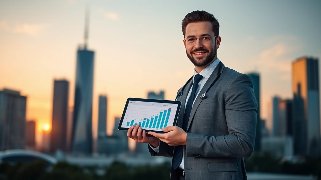 Successful healthcare professional in business attire standing in front of modern city skyline at sunset, holding tablet showing investment growth charts, confident and accomplished appearance, golden hour lighting