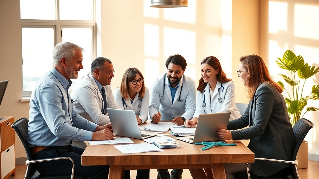 Diverse group of healthcare professionals in casual business clothing collaborating around wooden table with financial planning documents and laptop, warm modern office setting, natural window lighting