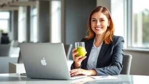 Professional woman in business attire sitting at a desk with a laptop, holding a green apple and a glass of water, bright natural light streaming through office windows, confident healthy appearance, modern workspace