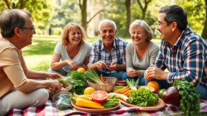 Multigenerational family laughing together during outdoor picnic with fresh vegetables and healthy food spread on blanket, natural sunlight, park setting