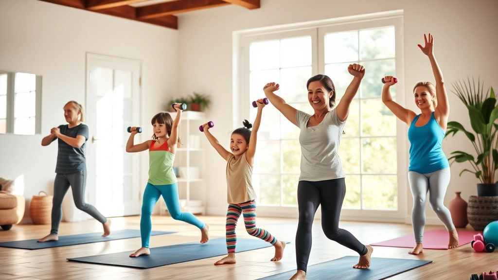 Parents and children exercising together in bright home gym space with yoga mats and light weights, smiling and engaged, natural window light streaming in