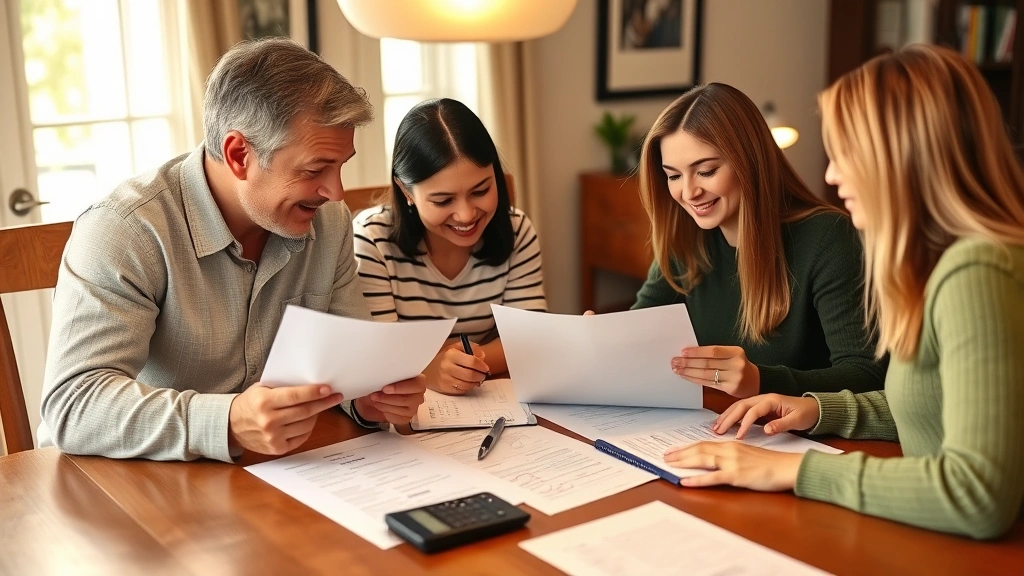 Family sitting around dining table reviewing financial documents and health records together, warm lighting, organized paperwork and calculator visible