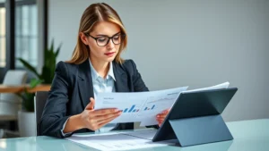 Professional woman in business attire reviewing financial documents and investment portfolio on tablet device, sitting at modern desk with natural light, focused expression, wealth management concept