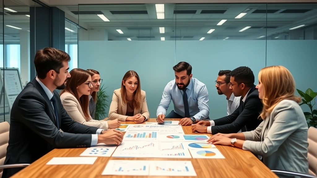 Diverse group of professionals collaborating around conference table with financial charts and growth graphs visible, discussing investment strategy, modern office environment, teamwork and wealth building