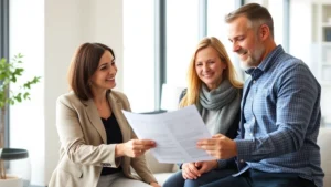 Professional financial advisor reviewing health insurance documents with middle-aged couple in modern office, natural light, focus on documents and engagement