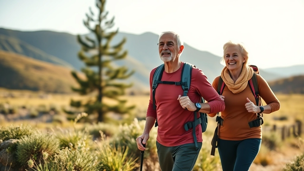 Fit older adult couple hiking outdoors in scenic natural landscape, demonstrating active preventive health lifestyle and wellness commitment