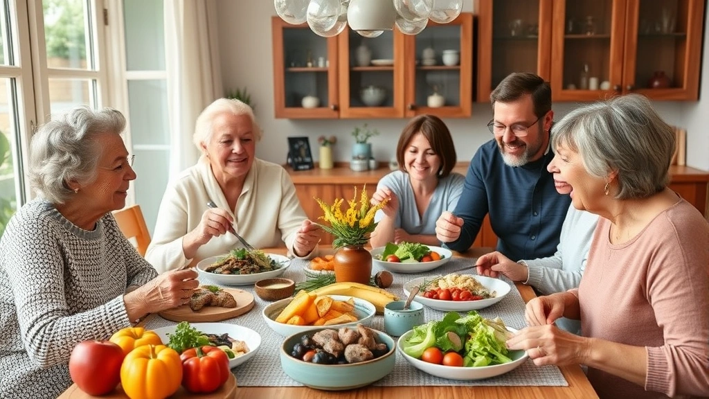 Diverse multi-generational family having healthy meal together at home dinner table, emphasizing nutrition and preventive health investment