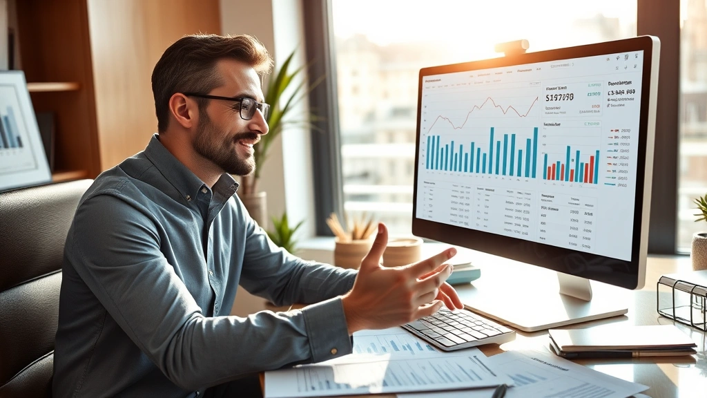 Professional investor reviewing financial statements and investment portfolio on modern computer setup, natural sunlight streaming through office window, organized desk with financial documents, calm confident expression