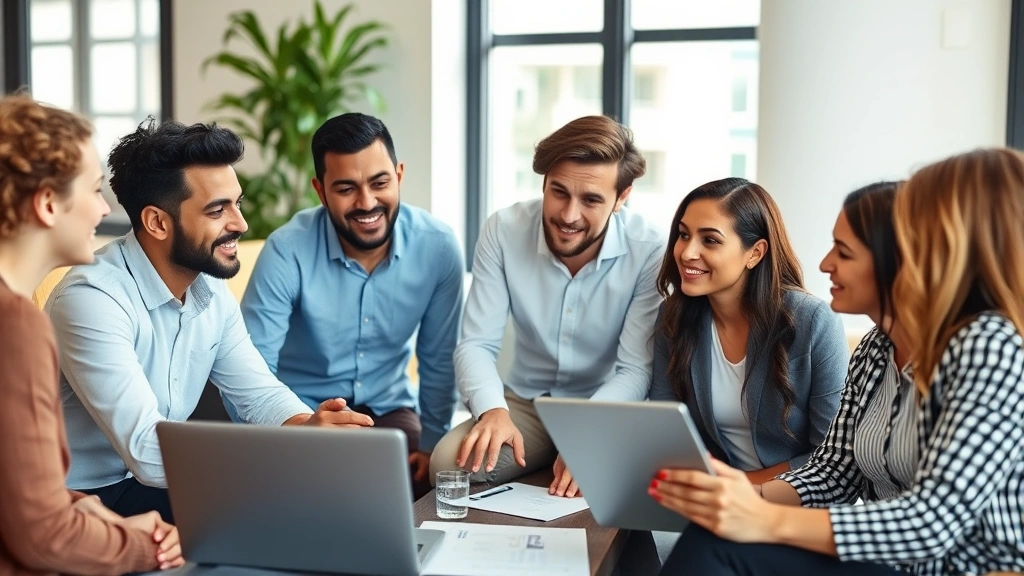 Diverse group of successful entrepreneurs in casual meeting discussing business growth strategy, laptop and tablet visible, collaborative atmosphere, natural indoor lighting, no charts or financial documents shown