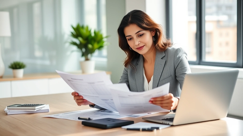 Professional woman reviewing financial documents and investment portfolio at modern office desk with laptop and calculator, confident expression, natural lighting, contemporary workspace