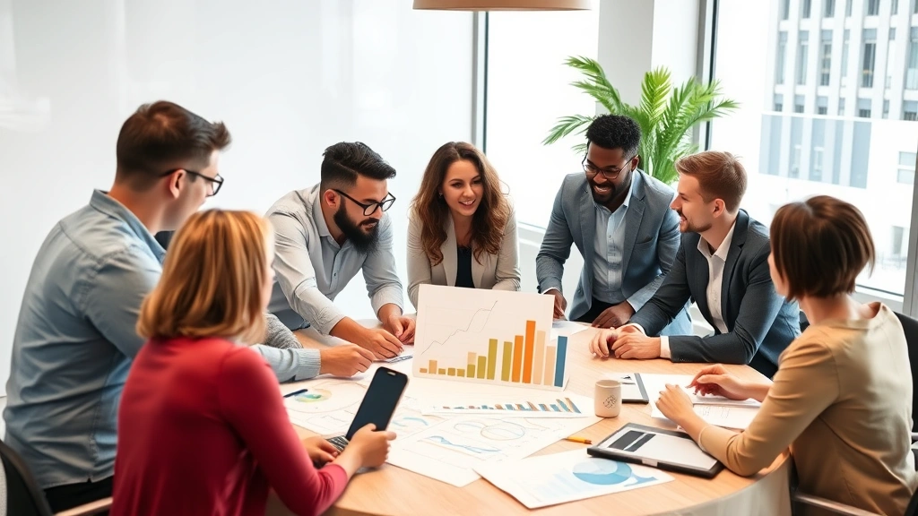 Diverse group of entrepreneurs and business professionals collaborating around table with charts and growth graphs, discussing strategy, modern meeting room, natural daylight