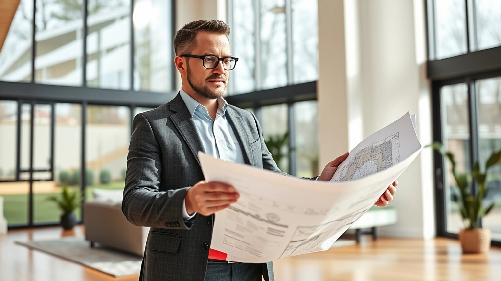 Affluent individual reviewing real estate property investment documents, holding architectural plans, standing in contemporary home with floor-to-ceiling windows, successful expression