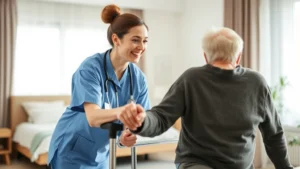 Professional healthcare worker in modern home care setting assisting elderly patient with mobility exercise, bright natural lighting, warm compassionate interaction, residential bedroom background