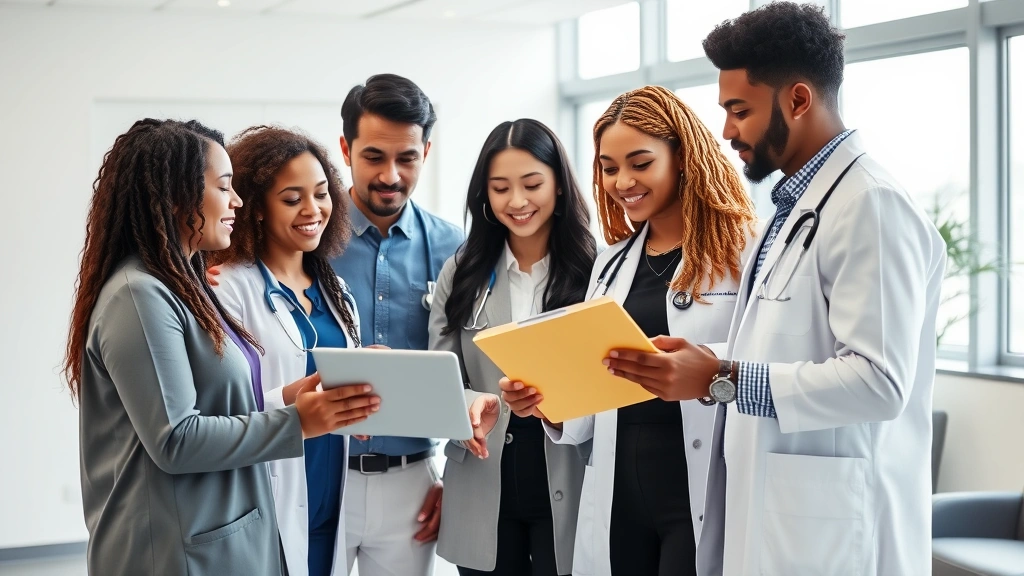 Young diverse healthcare professionals in business casual attire reviewing patient charts on tablet in contemporary clinic office, collaborative team environment, natural window lighting