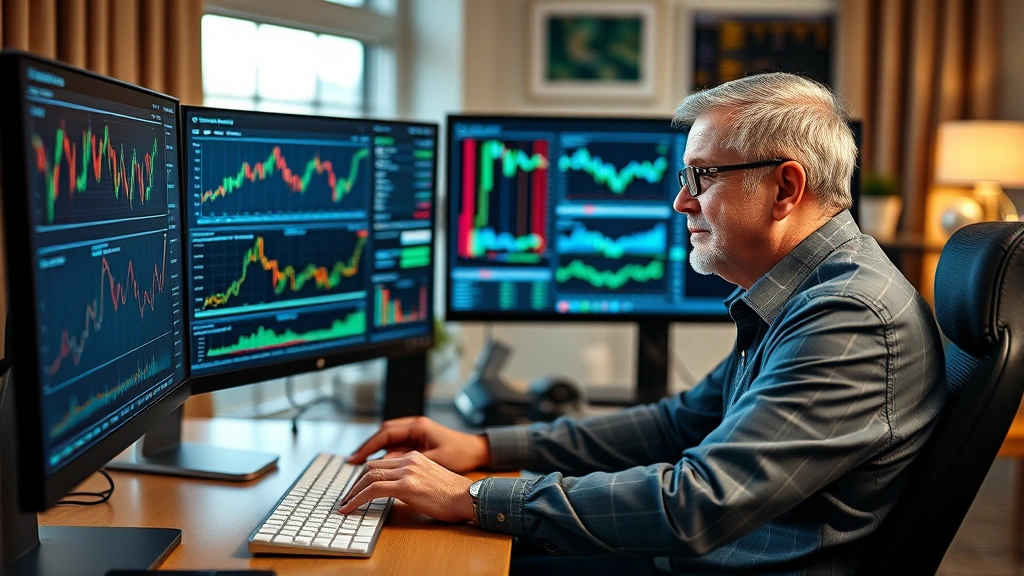 Mature investor reviewing financial portfolio and healthcare sector stocks on multiple computer monitors in home office, professional workspace, confident analytical expression