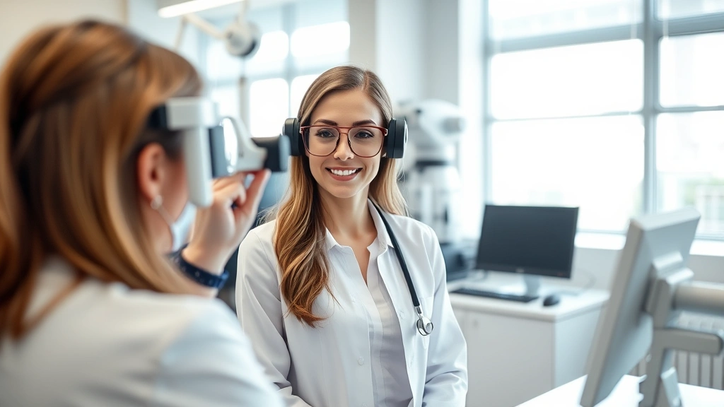 Professional woman in modern healthcare clinic receiving preventive health screening with doctor, bright natural lighting, modern medical office environment, wellness focus
