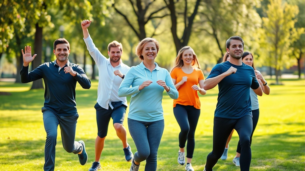Diverse group of professionals exercising together outdoors in park, morning fitness activity, healthy lifestyle in action, natural sunlight, genuine movement and wellness