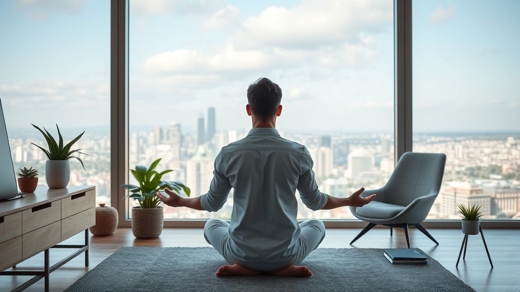 Successful individual meditating peacefully in home office overlooking city, mental clarity and calm focus, minimalist wellness space, professional yet serene environment