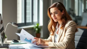 Professional woman in business attire reviewing health documents and financial charts at desk, natural lighting, confident expression, modern office environment