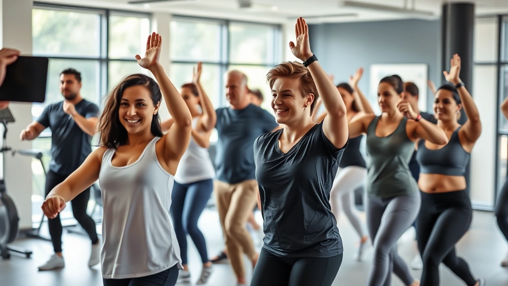 Diverse group of professionals exercising together in modern gym facility, energetic and healthy atmosphere, bright natural light from windows, motivational setting