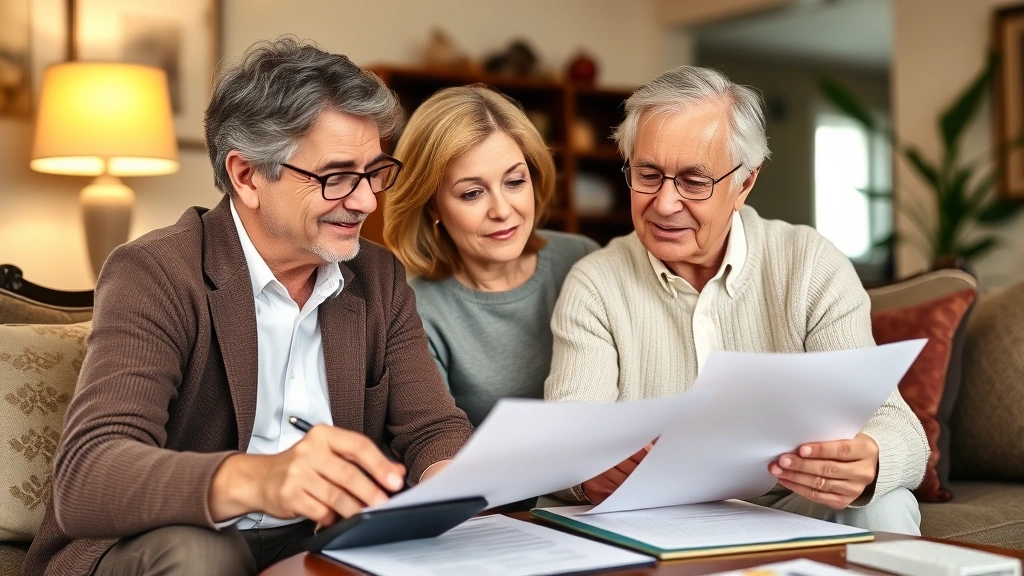 Mature couple reviewing retirement planning documents with financial advisor, warm home environment, papers and calculator visible, focused and optimistic expressions