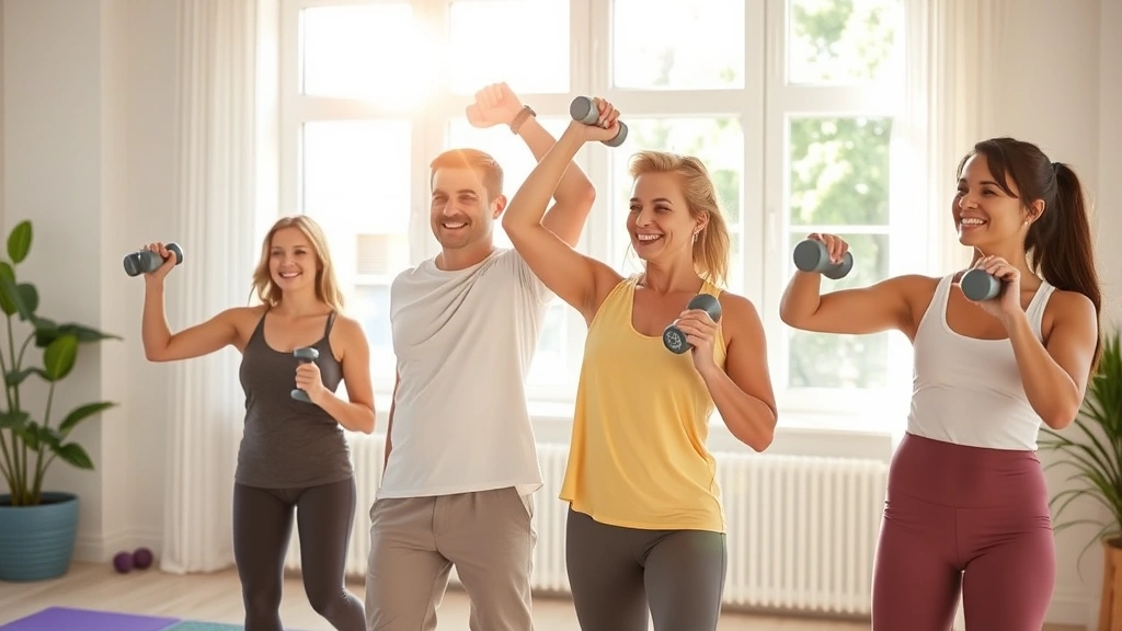 Professional family of four in bright home exercising together with dumbbells and yoga mats, smiling, morning sunlight through windows, representing health and wellness investment