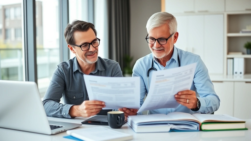 Successful middle-aged couple reviewing financial documents and healthcare paperwork at modern desk with laptop, coffee, organized binders, planning and decision-making