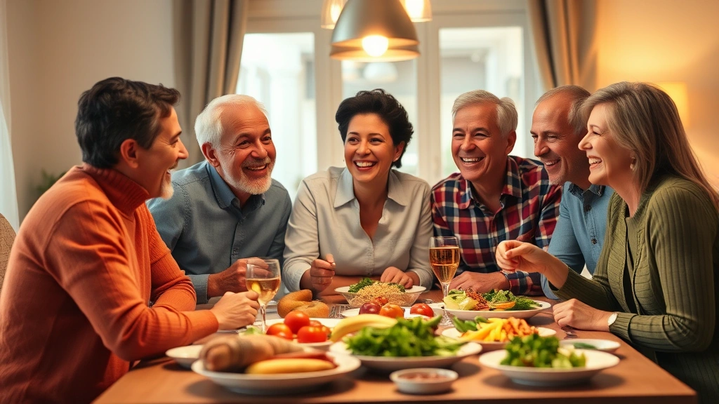 Multi-generational family laughing together around dinner table with fresh healthy food, warm lighting, representing family harmony and relational connection for wealth building