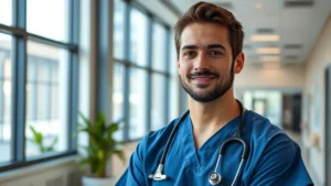 Professional healthcare worker in modern Gulf Coast medical facility, confident expression, wearing scrubs, natural daylight through windows, modern hospital interior background, showing career success and professional growth