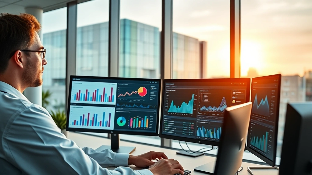 Professional healthcare administrator analyzing digital dashboard with financial metrics and virtualization network architecture displayed on modern office monitors, modern hospital building visible through windows