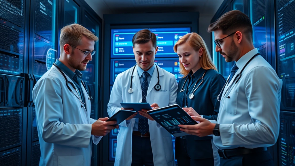 Diverse healthcare IT professionals collaborating around centralized server room with glowing networking equipment, reviewing security protocols and system performance data on tablets