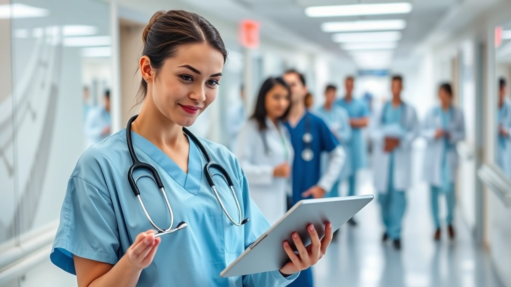 Healthcare clinician accessing patient records through tablet device in modern hospital corridor, confident expression, multiple medical professionals in background, reflecting seamless technology integration in clinical environment