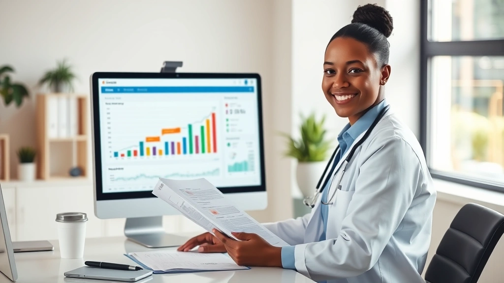 Professional healthcare worker in modern office reviewing financial documents and investment portfolio on computer screen, natural lighting, confident expression, diverse representation
