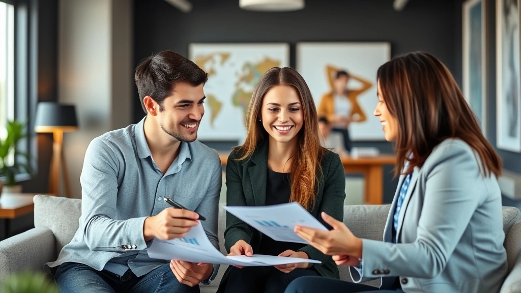 Young professional couple meeting with financial advisor in contemporary office setting, reviewing retirement plan documents and charts, warm professional atmosphere, diverse team