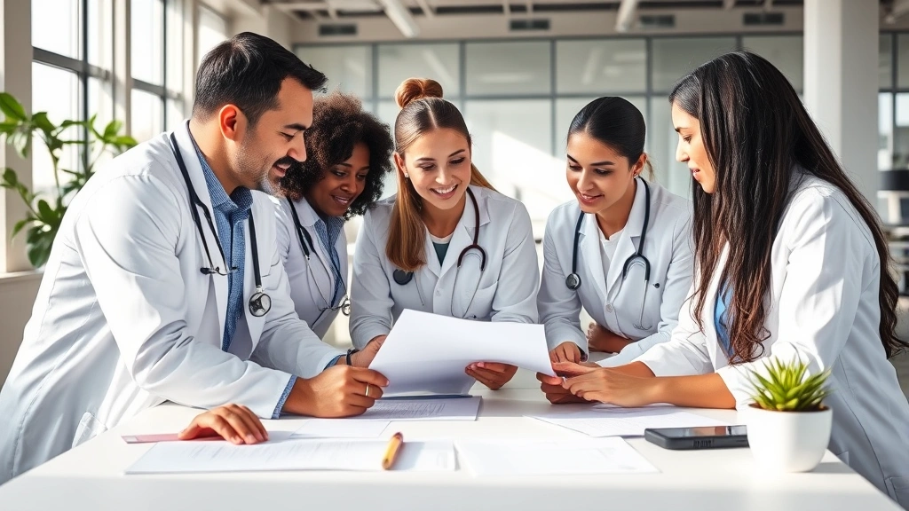 Diverse healthcare professionals in modern office environment, collaborating on career advancement planning and professional development strategies, natural workspace lighting