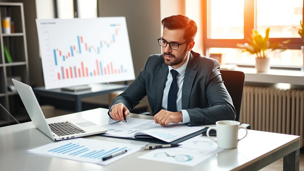 Professional financial advisor reviewing investment portfolio on modern desk with laptop, charts, and coffee cup, warm office lighting, confident expression analyzing data