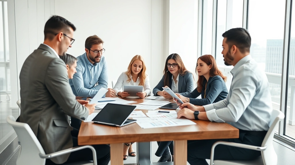 Diverse group of professionals collaborating around conference table with financial documents and tablets, discussing investment strategy, modern corporate setting, natural daylight