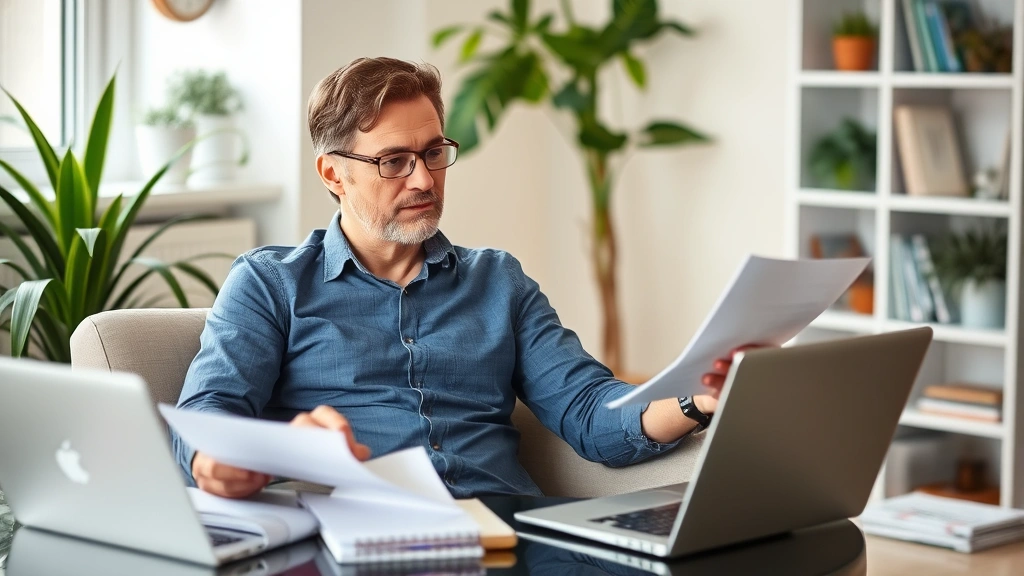 Person sitting at home office reviewing investment statements and planning retirement goals, comfortable setting with plants, laptop and notebook, thoughtful expression