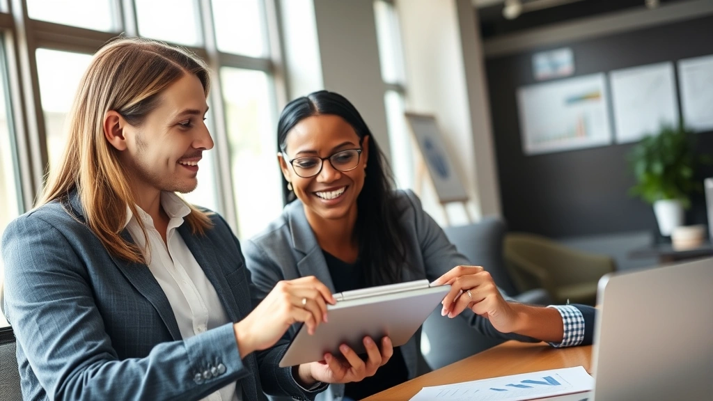 Professional financial advisor meeting with diverse client in modern office, reviewing investment portfolio on digital tablet, confident expressions, natural lighting, contemporary workspace with charts and graphs visible
