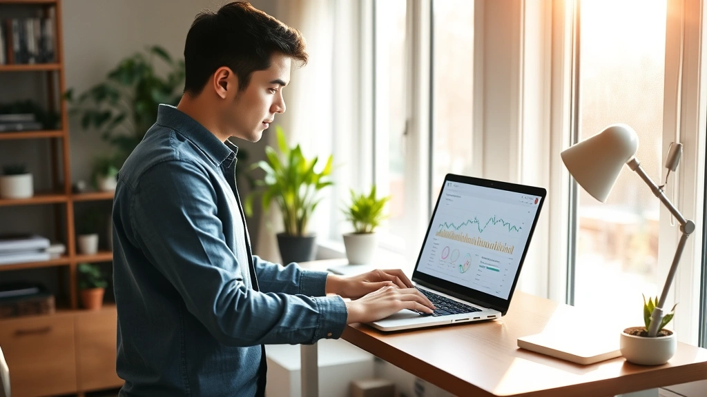 Young professional working at standing desk in home office, laptop open showing investment dashboard, morning sunlight streaming through windows, plants and organized workspace, focused concentration