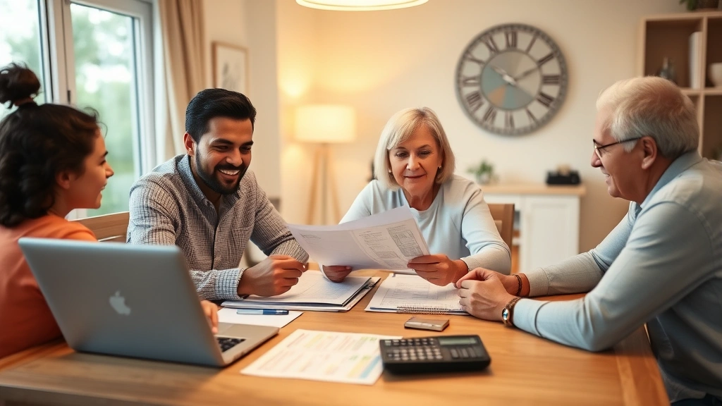 Family discussing budget around dining table with financial documents, calculator, and laptop, warm lighting, collaborative atmosphere, diverse multi-generational household planning finances together