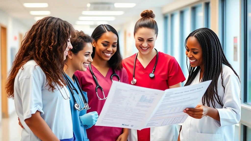 Diverse group of healthcare professionals in clinical uniforms collaborating around patient chart, smiling, modern hospital environment, teamwork atmosphere, bright professional setting