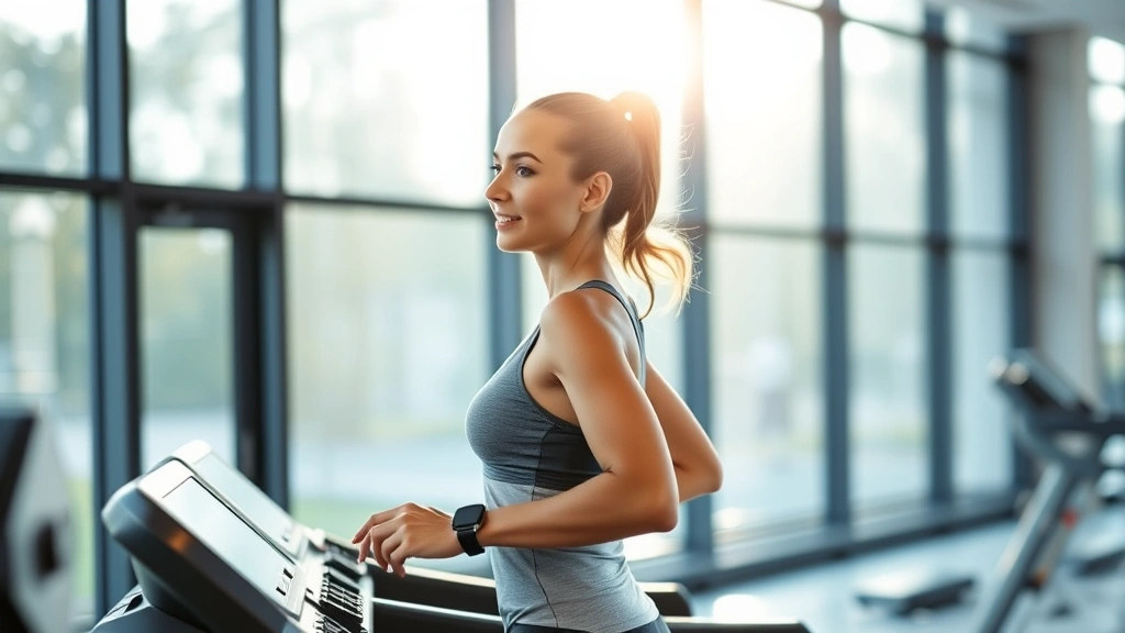 Successful woman exercising on treadmill in contemporary gym with large windows, morning natural light, healthy glow, fitness tracking watch visible, motivated expression